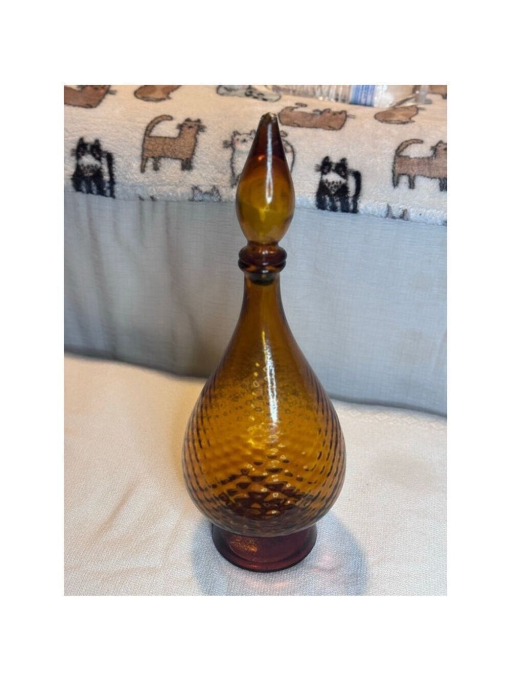 Vintage Italian Empoli Amber Hobnail Genie Bottle Decanter w/Stopper. 18 Italy